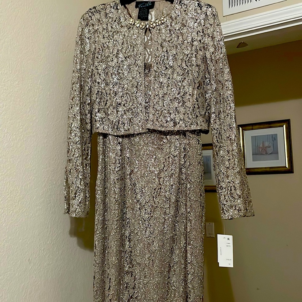 Camille foil long gown taupe and silver